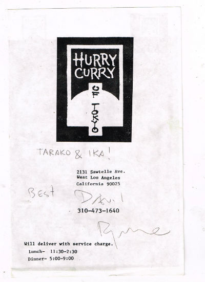 David Byrne's signature on a Hurry curry menu